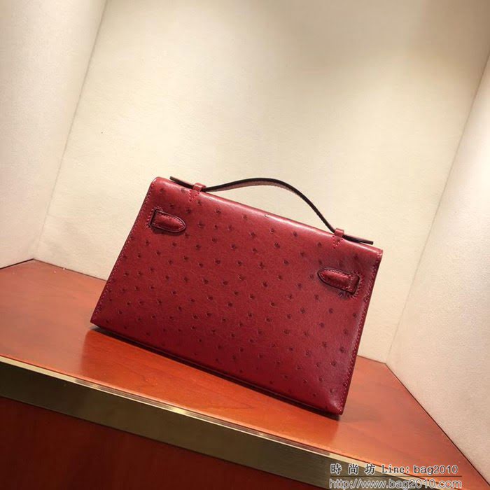 HERMES愛馬仕 凱莉包 Mini Kelly pochette金扣 中國紅 純手縫蠟線配上豬鼻子鏈 斜挎包  Ama1186